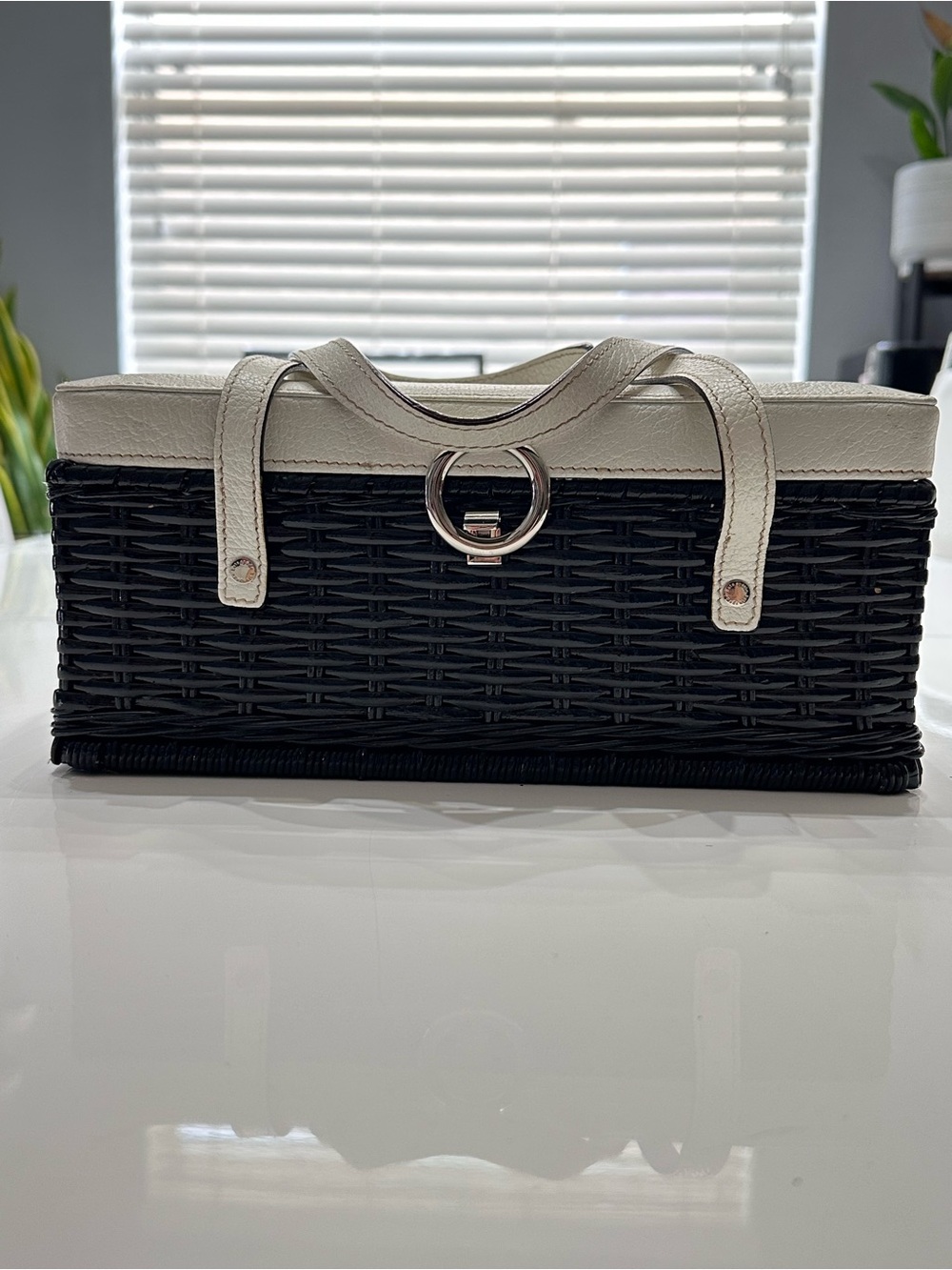 Vintage Kate Spade Black Wicker Basket Bag Top Handle Cream Leather Trim